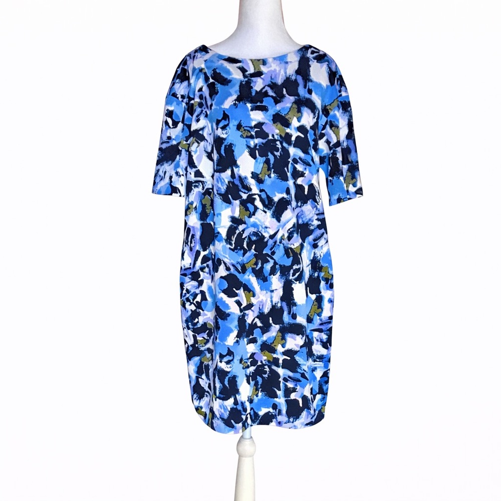 H by Halston Dress Womens Medium Blue Abstract Floral Print Sheath Short Sleeve